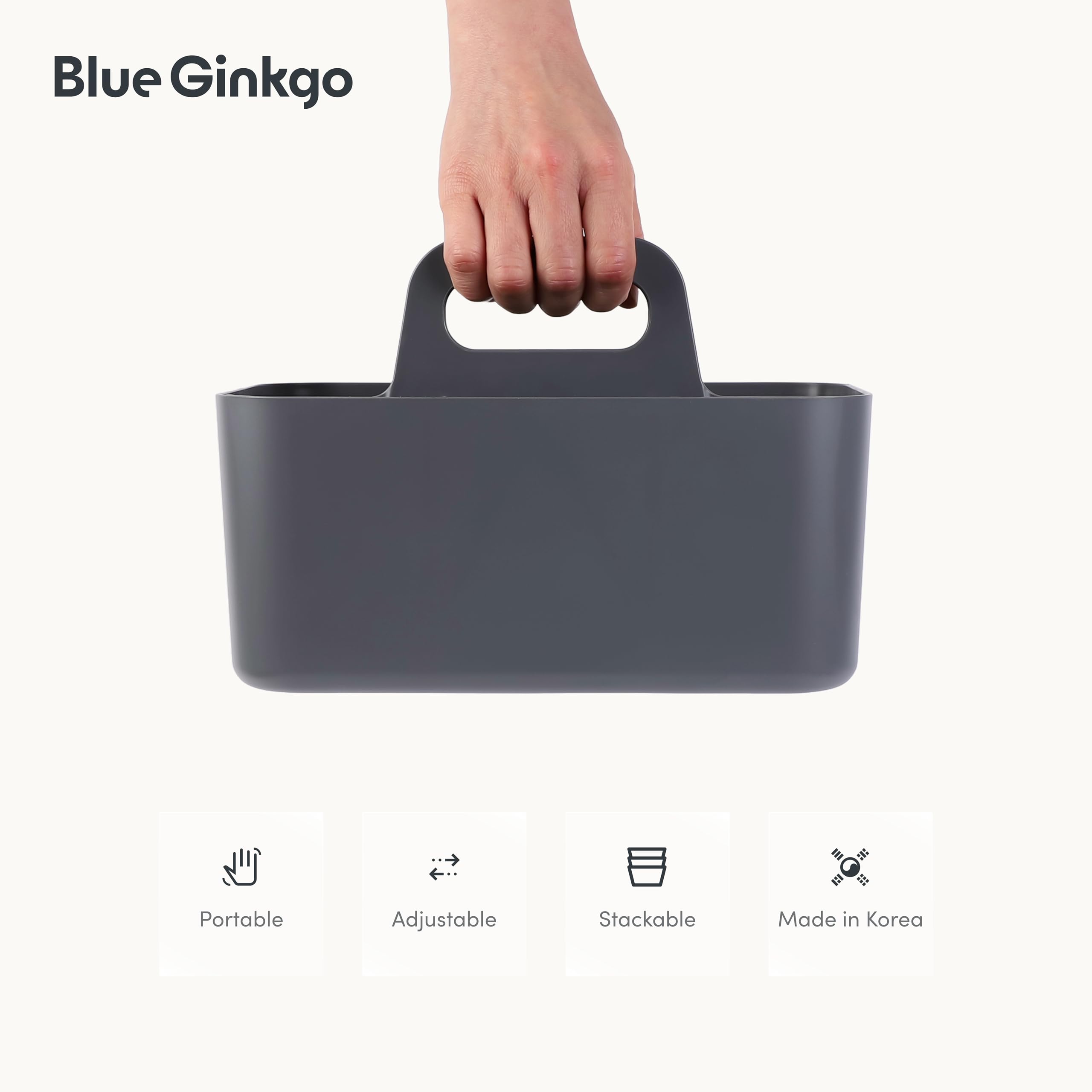 BLUE GINKGO Stackable Organizer Caddy, Rectangle, Dark Grey, Made in Korea