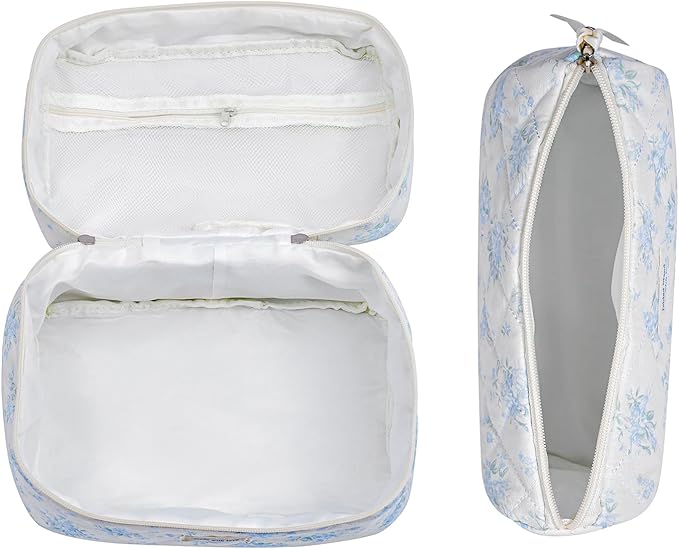uekeboag 3Pcs Quilted Cotton Makeup Bag,Coquette Quilted Toiletry Bag for Women and Girls,Floral Coquette Pouch,Cute Kawaii Travel Cosmetic Bags(3Pcs LightBlue Flower)