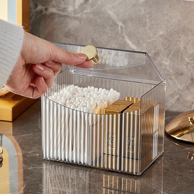WIWIUXY 2-Grid Cotton Swab Ball Qtip Holder Dispenser with Lid,Container Dispenser Box for Bathroom Home Storage Organization,Vanity Organizers and Storage