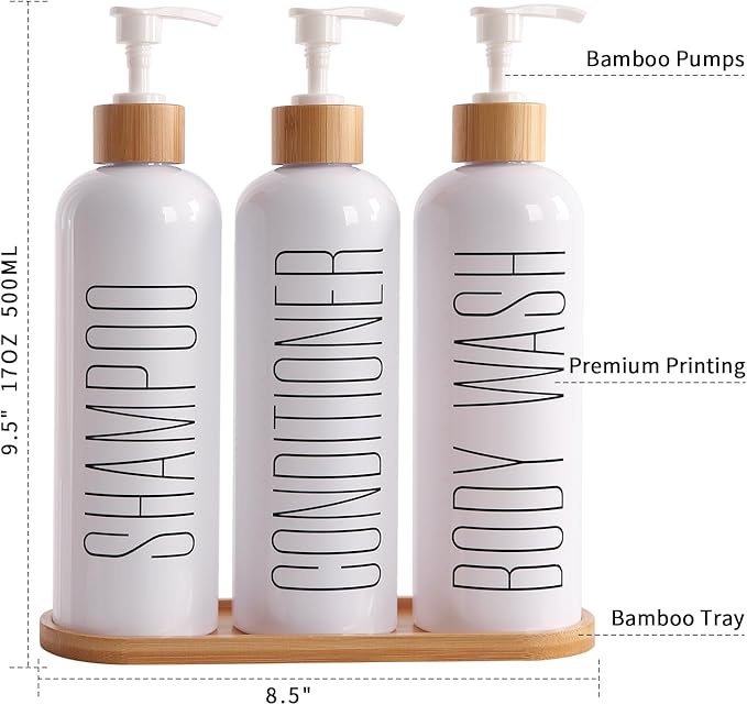 Prus Waso Shampoo and Conditioner Dispenser, Contains Shampoo Conditioner Body Wash Dispenser. Shower Soap Dispenser with Bamboo Pumps & Tray, Perfect for Modern Bathroom Decor. (White)