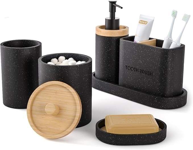 Bathroom Accessories Set Black, 6Pcs Bathroom Accessory Set, Large-Sized Toothbrush Holders Set Black, Soap Dispenser, Vanity Tray, Bathroom Tumbler, Apothecary Jars and a Soap Dish