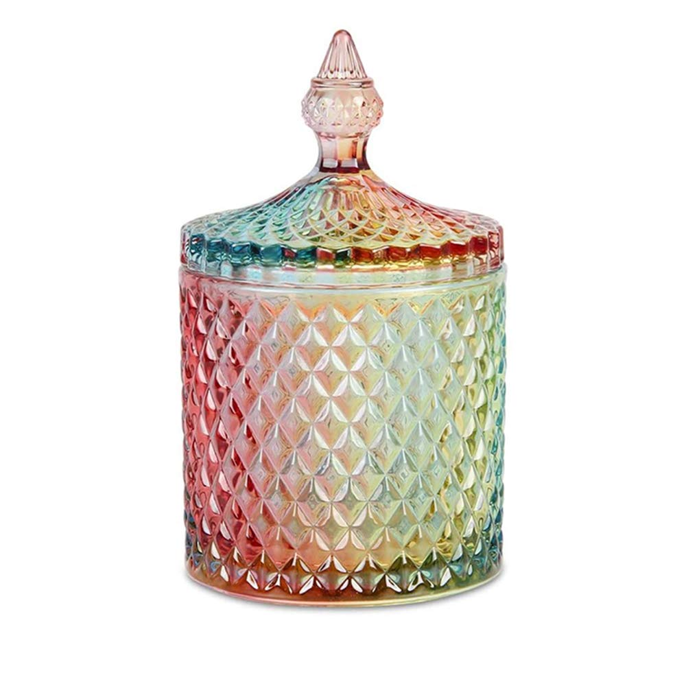 CLOVERHOME Colorful Home Decorative Jar Qtips Holder Dispenser Glass Storage Container Bathroom Counter Vanity Organizer for Bath Salts/Swabs/Rounds Makeup Sponges Toothpick Jewelry(Rainbow, 10 oz)