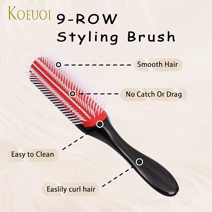 Koeuoi 2 Pcs 9 Row Classic Styling Curly Hair Brush for Detangling, Separating, Shaping. For Women and Men Wet or Dry Hair.