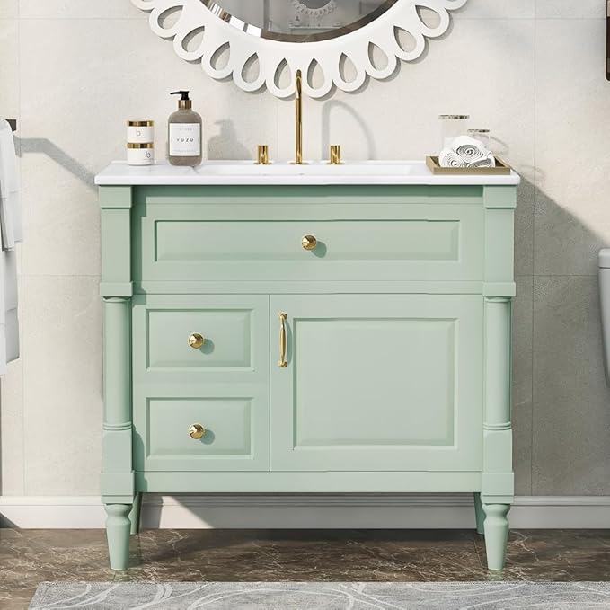 Harper & Bright Designs 36" Bathroom Vanity with Sink, Free Standing Bathroom Vanity Set with Flip Drawer, 2 Drawers, and Adjustable Shelf, Wood Storage Cabinet with Ceramic Basin for Bathroom, Green
