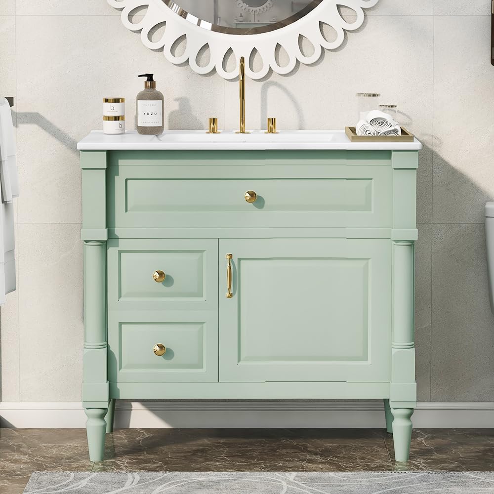 Harper & Bright Designs 36" Bathroom Vanity with Sink, Free Standing Bathroom Vanity Set with Flip Drawer, 2 Drawers, and Adjustable Shelf, Wood Storage Cabinet with Ceramic Basin for Bathroom, Green