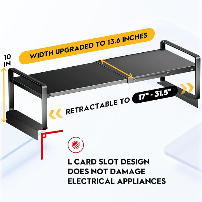 (17-31.5 inches) Adjustable Refrigerator or Washer Top Storage Rack - Expandable Organizer Shelf, L-Shaped Protective Card Slot Design for Kitchen, Laundry Room, Dorm -Durable Metal Space Saver-Large