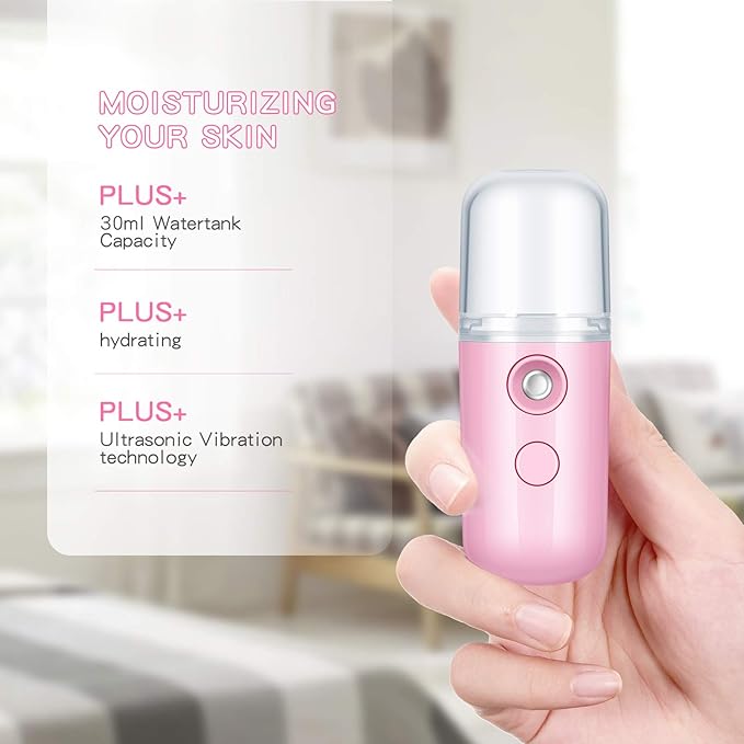 Honoson 2 Pack Nano Facial Mister Spray Bottle Handheld Humidifier Portable Face Mister for Eyelash Extensions USB Rechargeable 1 oz Mini Skin Care Machine for Daily Makeup(Pink)