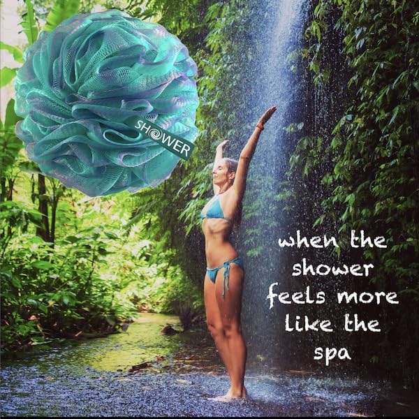 SHOWER BOUQUET 2-Sided Back-Loofah-with-Handle & 2 Bath Sponge Puff Set