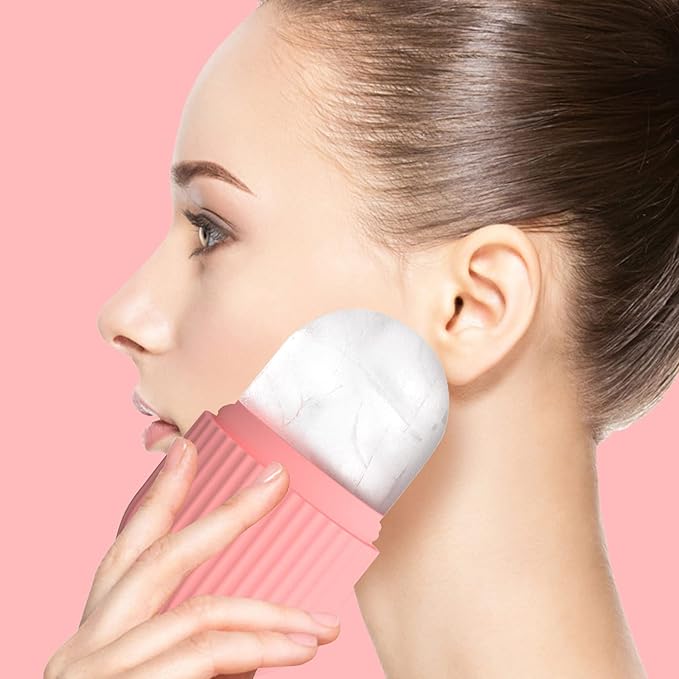 Joyeee Ice Face Roller, Reusable Silicone Mold Face Massage Eye Facial Beauty Skin Care Tools Apply Ice for Shrink Pores Anti Wrinkle Reduce Puffiness Improve Skin Elasticity, Striped, Pink