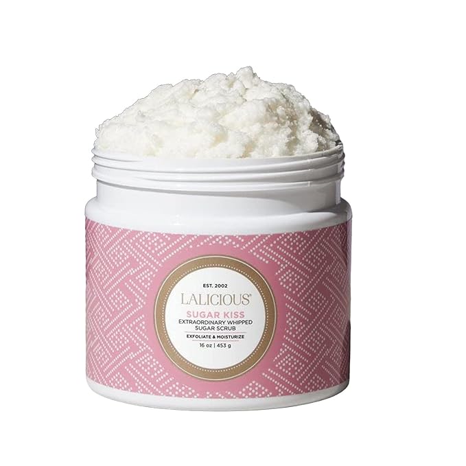 LALICIOUS Sugar Kiss® Exfoliating & Moisturizing Body Scrub | Sugar & Coconut Oil | Pre-Shave Scrub for Ingrown Hairs & Razor Bumps | Gently Buffs & Smooths Sensitive Skin | No Parabens | Large 16oz