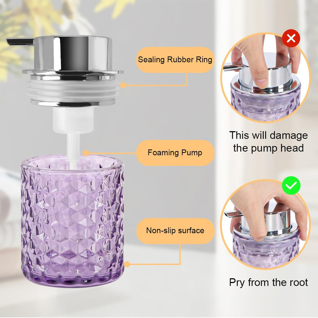 Fvstar 10 Oz Glass Hand Soap Dispenser with Pump, Refillable Bathroom Gold Foaming Soap Dispenser, Vintage Glass Diamond Lotion Container Bottle for Bathroom and Kitchen (1, Purple and Silver)