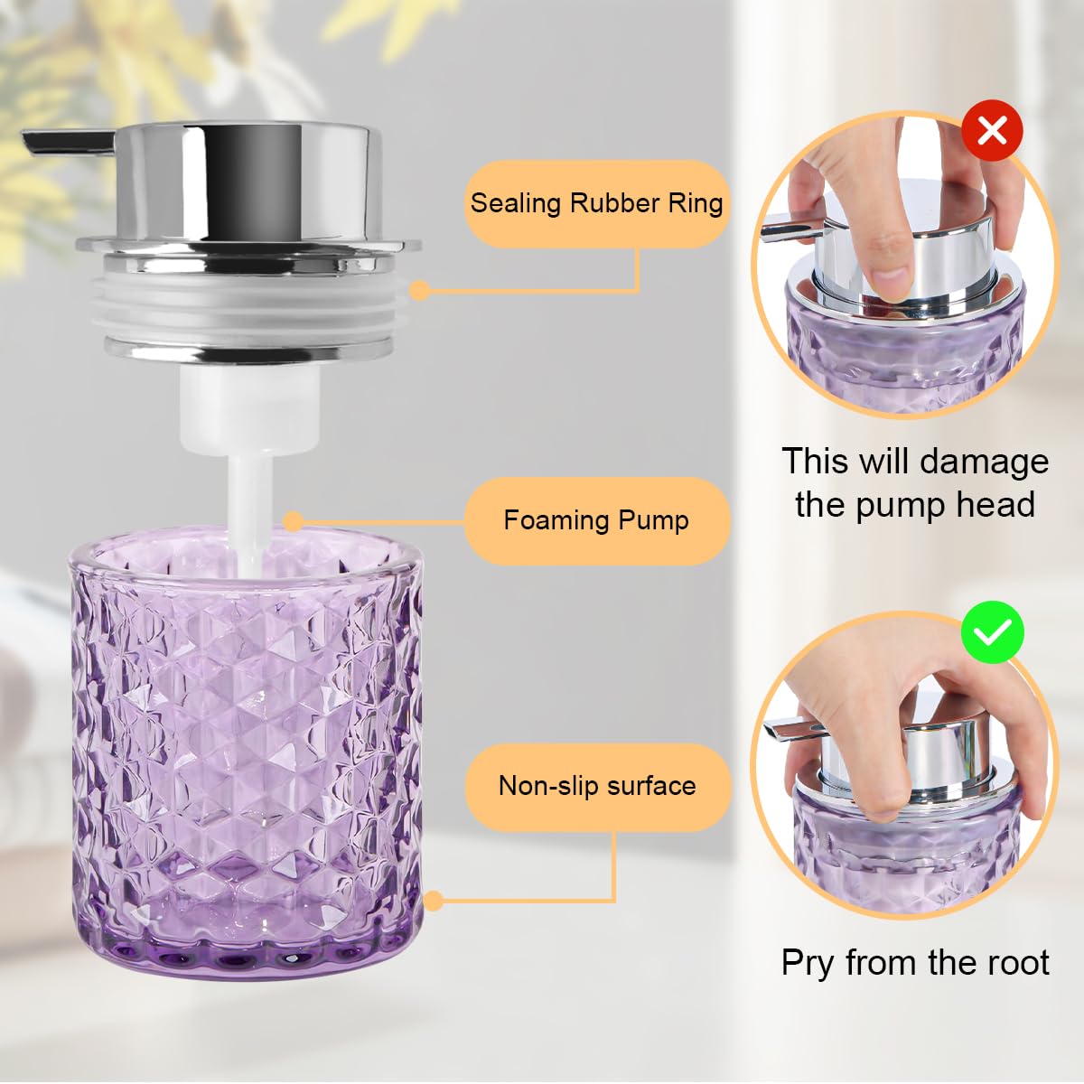 Fvstar 10 Oz Glass Hand Soap Dispenser with Pump, Refillable Bathroom Gold Foaming Soap Dispenser, Vintage Glass Diamond Lotion Container Bottle for Bathroom and Kitchen (1, Purple and Silver)