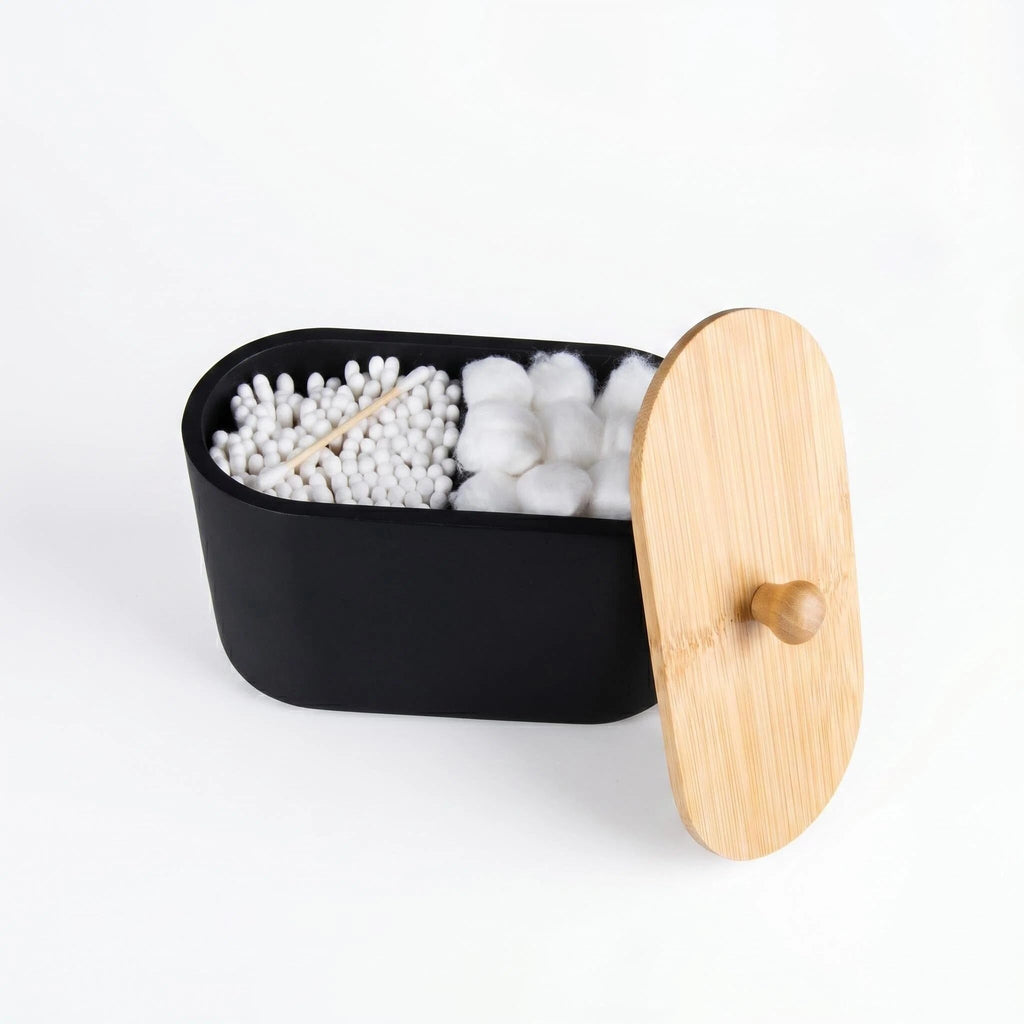Cotton Swab Holder,Round Cotton Pads Balls Qtip Holder Dispenser with Lid, 2 Compartments Qtips Holder, Tampoms Period Box Bathroom Organizers Storage Bin Floss Dispenser Vanity Cosmetics, Black
