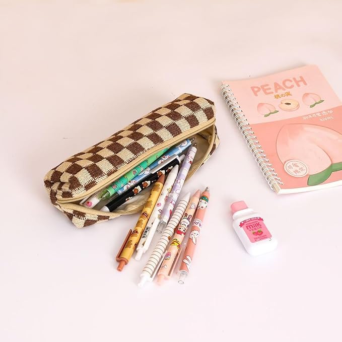 LYDZTION Large Capacity Makeup Bag Set - 3 Pieces Checkered Cosmetic Bag for Women Travel Makeup Bag Organizer Cute Makeup Brushes Storage Bag Travel Toiletry Bag Storage Bag for Women,Brown