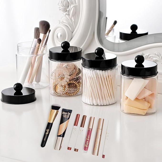 6 Pack Qtip Holder Dispenser - Acrylic Apothecary Jars with Lids for Bathroom Plastic Vanity Storage Accessories, Countertop Organizers Farmhouse Decor Canister for Cotton Swabs,Makeup Sponges