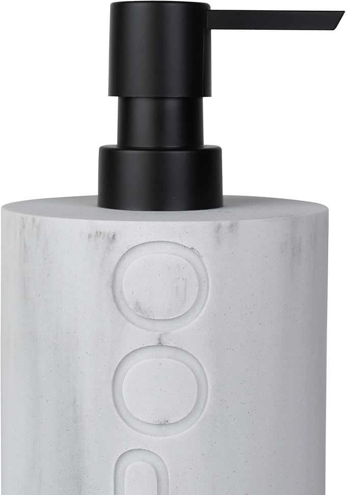 Indecor Home Resin White Marbled Shampoo Engraved Bottle Refillable Pump Dispenser, Durable Waterproof Construction for Bath, Shower - Resin White Marble - Matte Black Pump