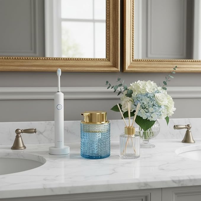 Fvstar Foaming Soap Dispenser, 2pcs Blue Glass Foam Soap Dispenser with Gold Pump, Refillable 10oz Lotion Liquid Container Pump Bottle for Bathroom Kitchen Countertop