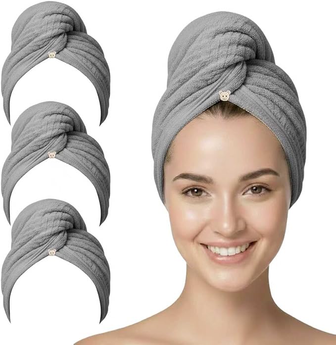 3 Pack Microfiber Hair Towel Wrap for Women, Fast Drying Hair Turban with Button, Anti-Frizz Large Hair Towel for All Hair Styles, Soft & Absorbent Hair Drying Towel