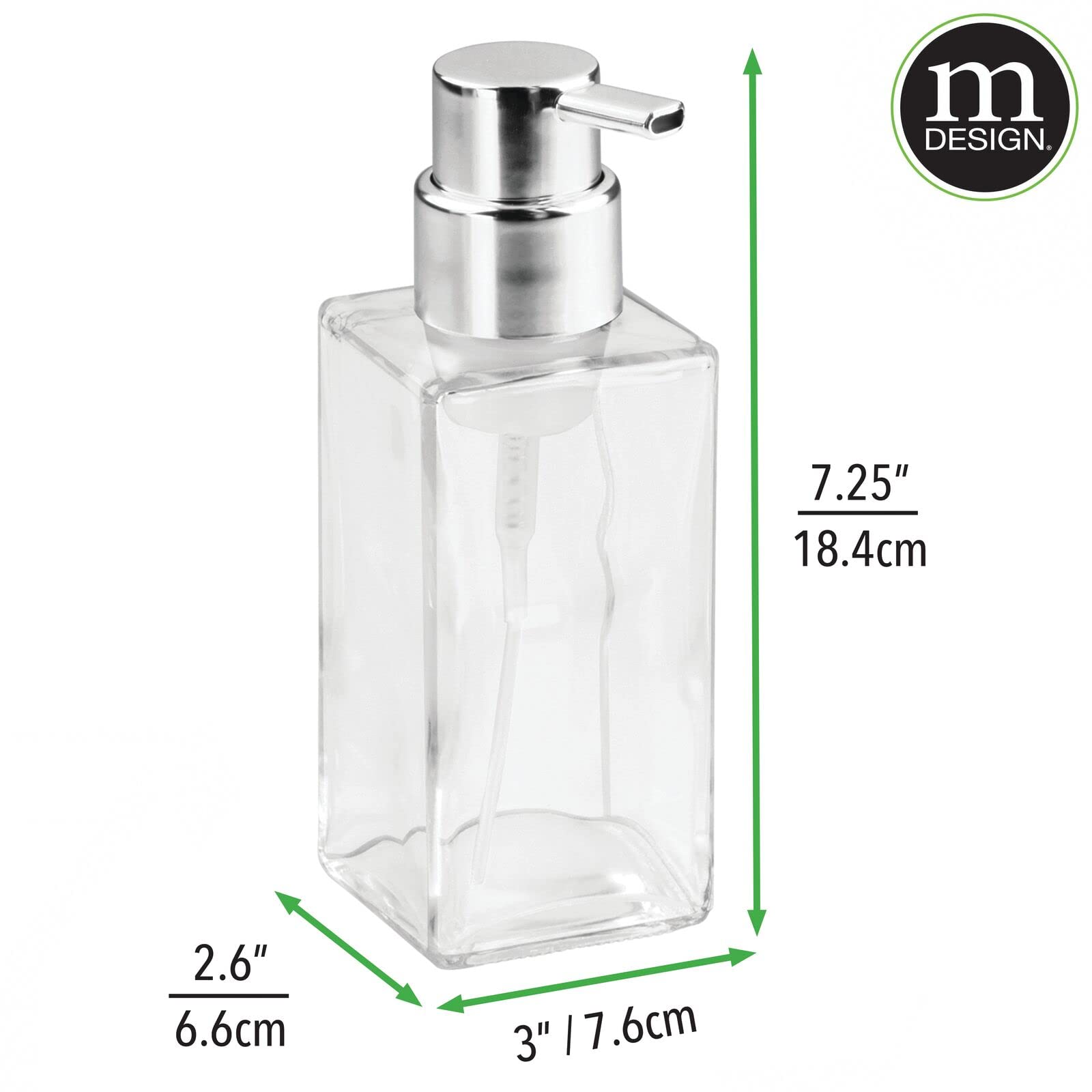 mDesign Glass Refillable Foaming Hand Soap Dispenser Modern Square Pump Bottle for Bathroom Vanities or Kitchen Sink, Countertops - 2 Pack - Clear/Chrome