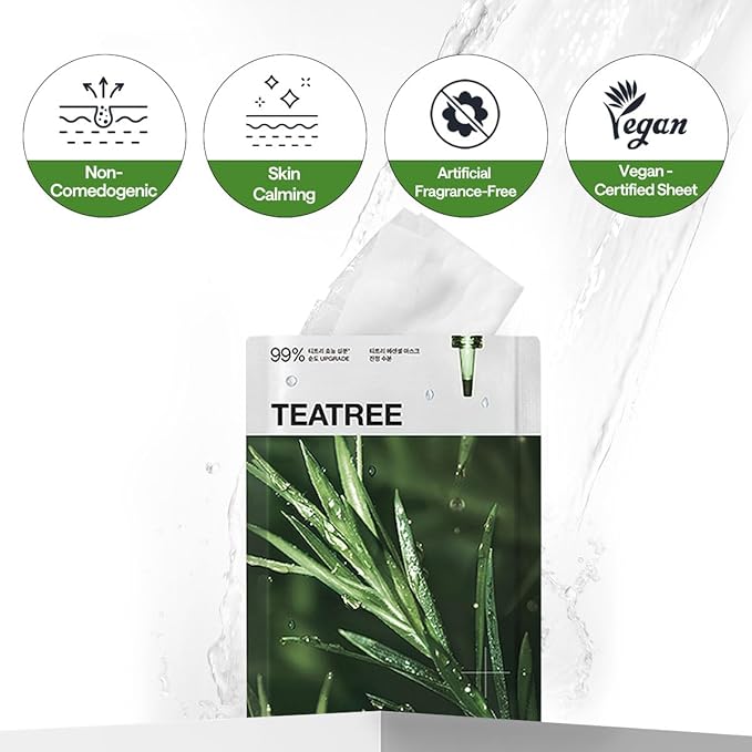 Mediheal Essential Face Mask [Teatree] Calming Moisutre 10 pcs. with 99% Purity Teatree for Intensive Soothing, Deep Hydration - suitable for acne-prone skin - Vegan Formula Korean Sheet Mask