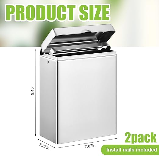 Tioncy 2 Pcs Sanitary Disposal Tampon Napkin Bathroom Receptacle Wall Mounted with Sanitary Receptacle Liner Frame Holder Stainless Steel Mini Bin Restroom Commercial Small Space (Natural Color)