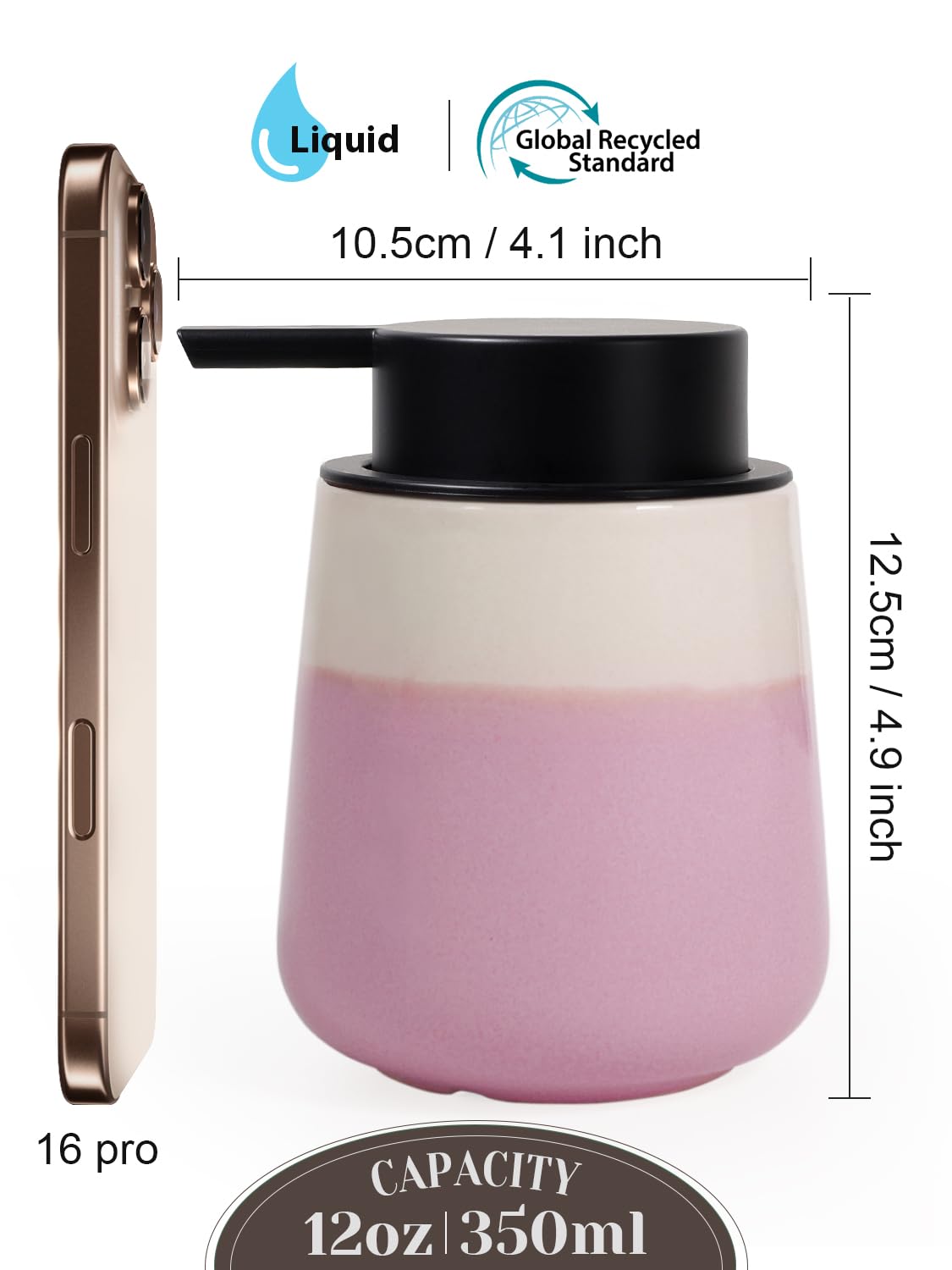 INGOFIN Ceramic Hand Soap Dispenser - 12 oz Liquid Lotion Dispenser Bathroom, Refillable Modern Dish Soap Dispenser with Pump for Kitchen, Beige and Pink