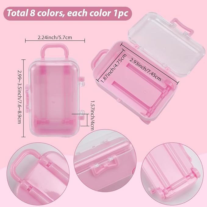 8Pcs 8 Colors Tiny Suitcase Gift Box Eyelash Storage Case Colorful Small Mini Plastic Empty Trolley Bag Luggage Candy Organizer Holder Boxes for Eyelashes Candy Makeup False Lash Travel Tool