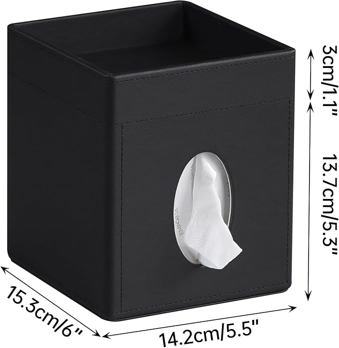 Cretkhp Tissue Box Cover, PU Leather Square Tissue Box Holder with Storage Tray for Bathroom Vanity Countertop Night Stands Bedroom Office Desk, Stylish Tissue Holder Decorative Organizer (Black)