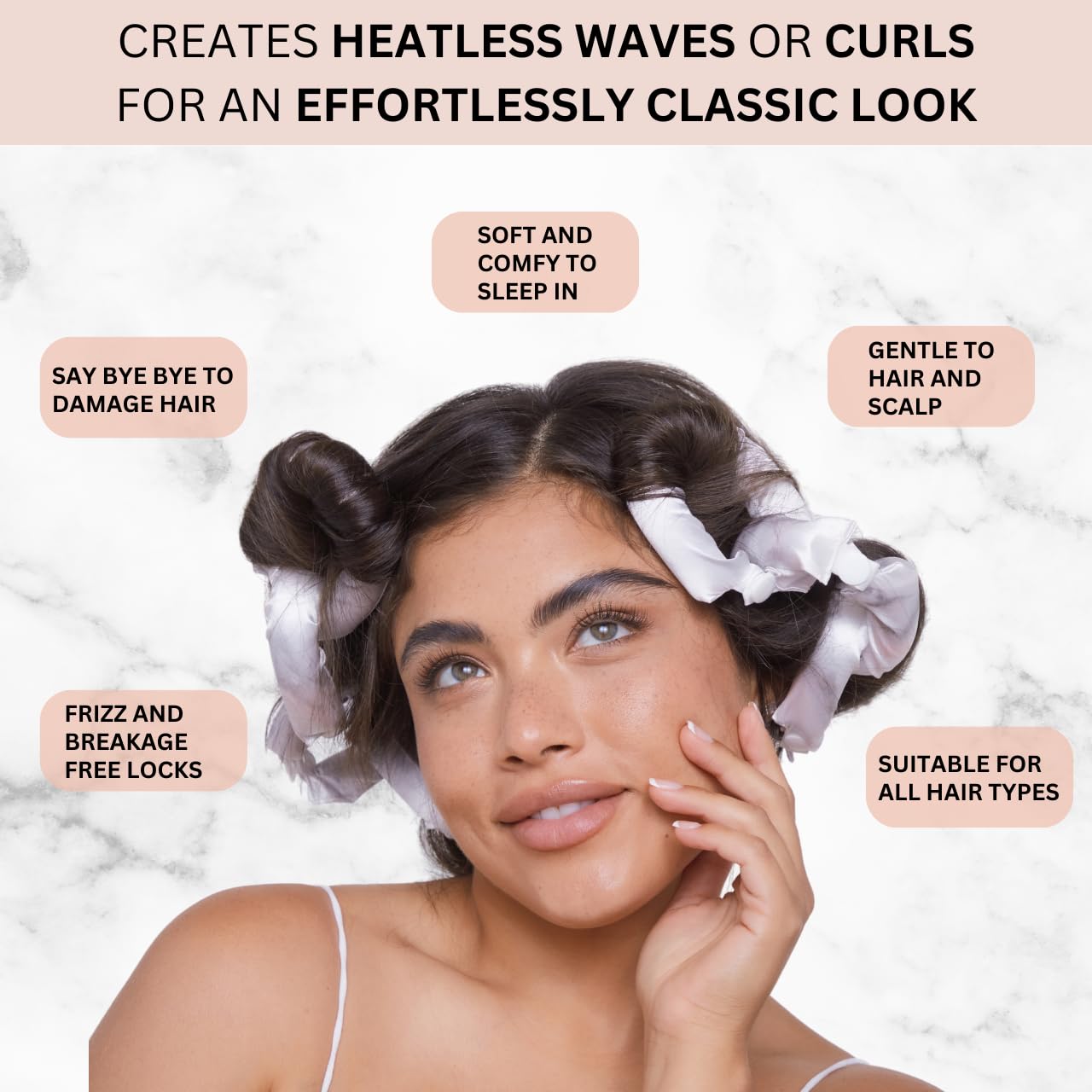 Kitsch Satin Pillow Rollers -Heatless Hair Curler, Hair Rollers, Heatless Curls Overnight, Flexible Curling Rods for Long & Short Hairs, Flexi Rod Curlers to Sleep in, 6pcs, Marble