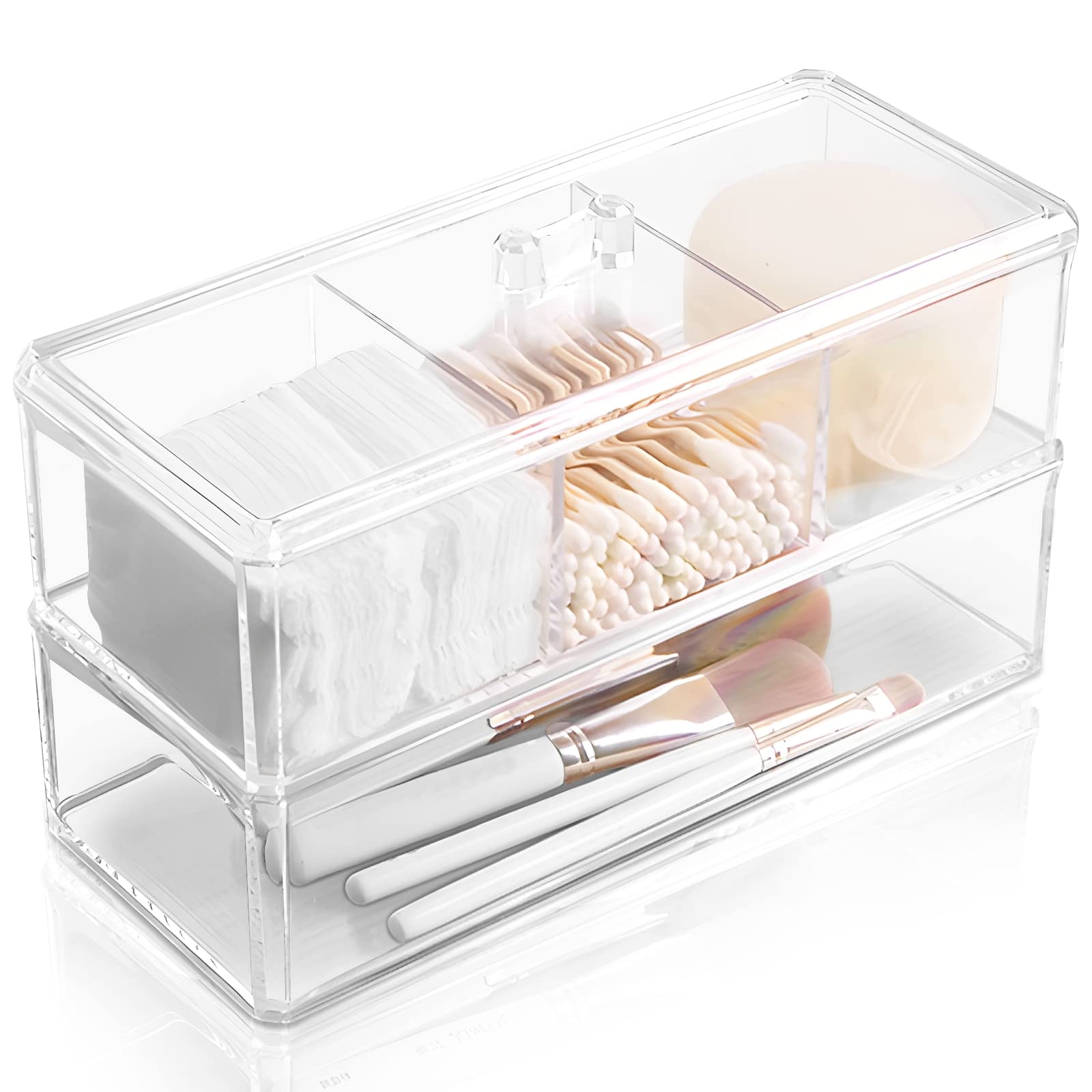 KIMCHOMERSE Qtip Holder Dispenser, 2-Layer Cotton Ball & Pad Holder for Bathroom Storage, Drawer Organizer for Earrings, Jewelry & Small Items