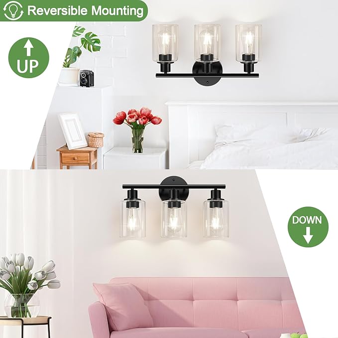 Zarbitta 3-Light Bathroom Light Fixtures, 17.23" Black Modern Vanity Lights with Clear Glass Shade, Bathroom Wall Lamp for Mirror Kitchen Living Room Hallway Cabinet Porch