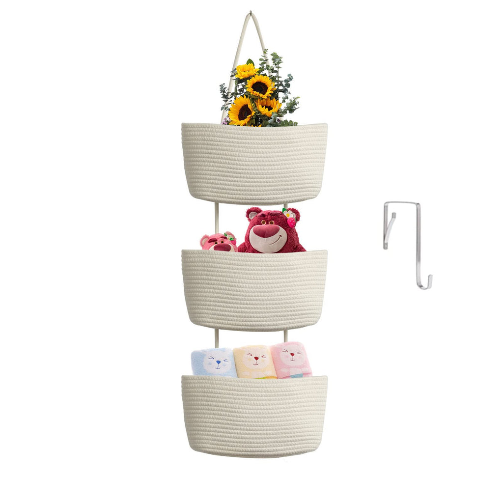 TeoKJ Over the Door Hanging Basket, 3-Tier Woven Cotton Wall-Mounted Storage Organizer Bag Decorative Hanging Nursery Baskets, White