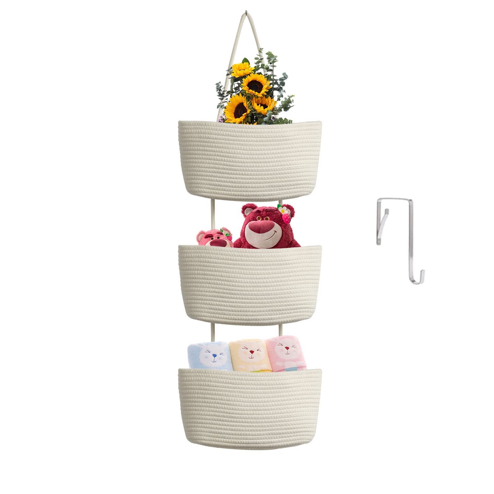 TeoKJ Over the Door Hanging Basket, 3-Tier Woven Cotton Wall-Mounted Storage Organizer Bag Decorative Hanging Nursery Baskets, White