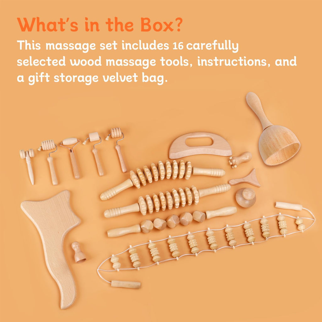 Ollixtec 16-in-1 Wood Therapy Massage Tools Gua Sha, Maderoterapia Kit Muscle Pain Relief, Lymphatic Drainage, Body Sculpting Kit with Facial Wood Roller Fascia Massage