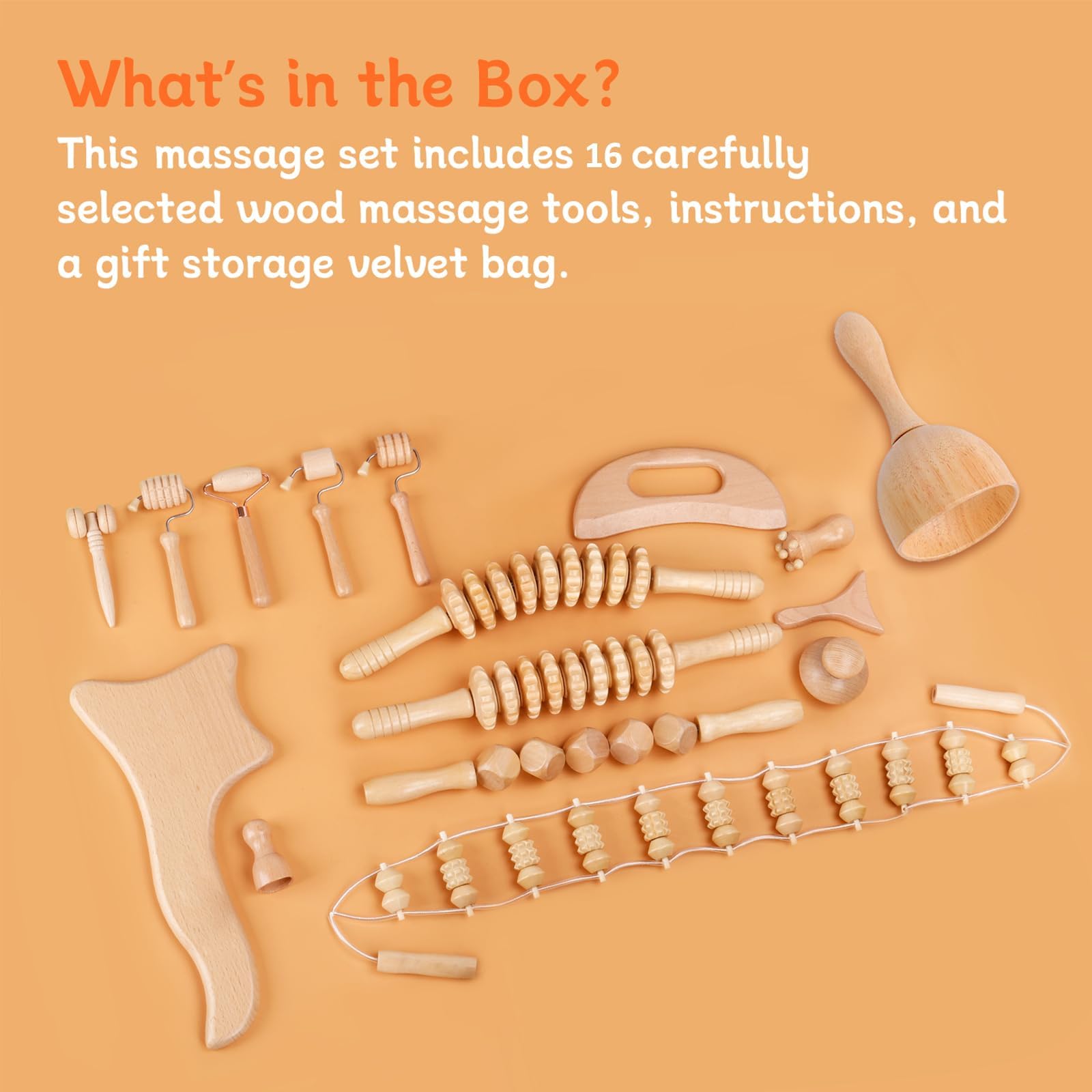 Ollixtec 16-in-1 Wood Therapy Massage Tools Gua Sha, Maderoterapia Kit Muscle Pain Relief, Lymphatic Drainage, Body Sculpting Kit with Facial Wood Roller Fascia Massage