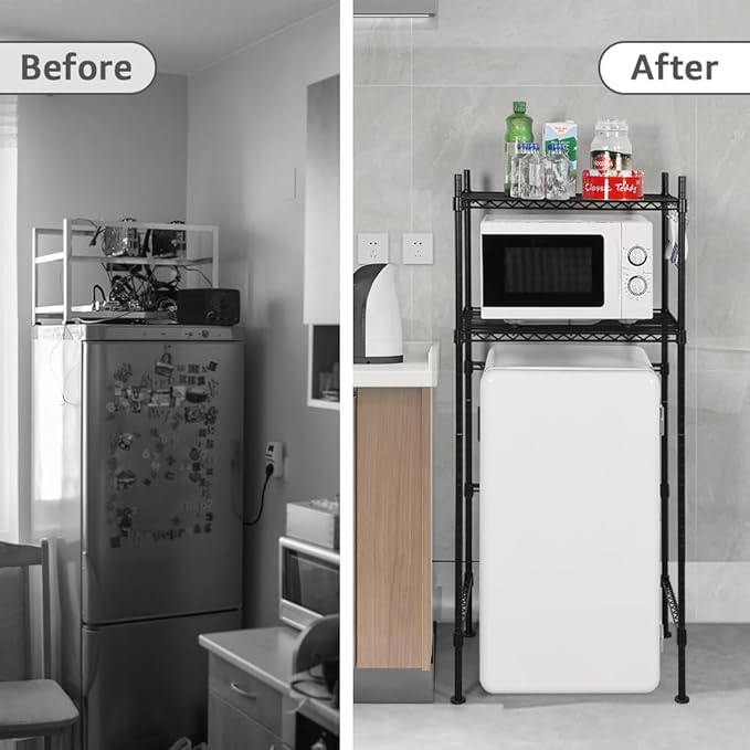 LUCKUP Mini Fridge Shelf 2-Tier Height Adjustable Mini Fridge Stand with Storage for Dorm Space Saving, Metal Microwave Organizer Shelf for Kitchen Room Apartment, Black