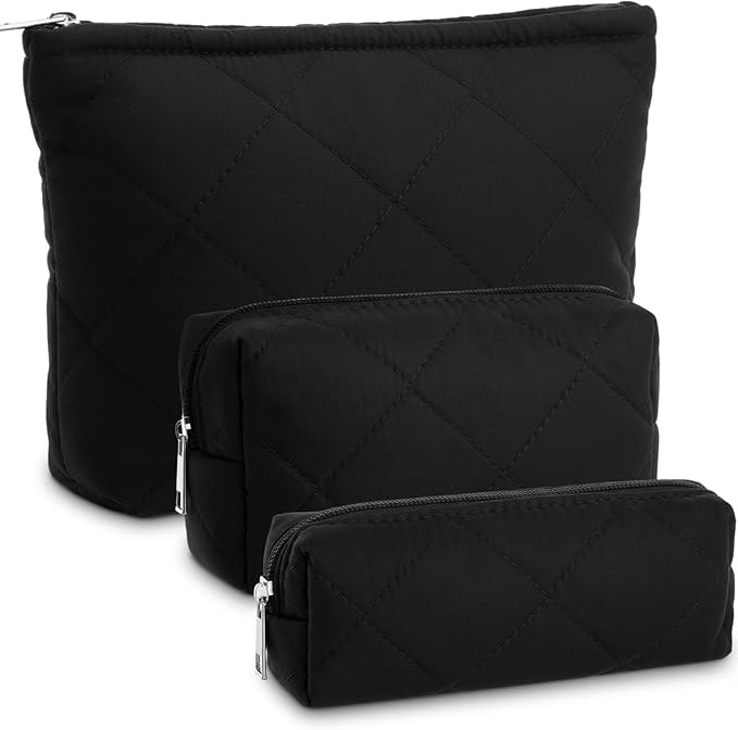 Paterr 3 Pcs Quilted Makeup Bag Set Back to School Favor Small Bridesmaid Cosmetic Bag Aesthetic Travel Pouch Cute Purse Pencil Case Makeup Storage Organizer for Women Birthday Gift(Cotton,Black)