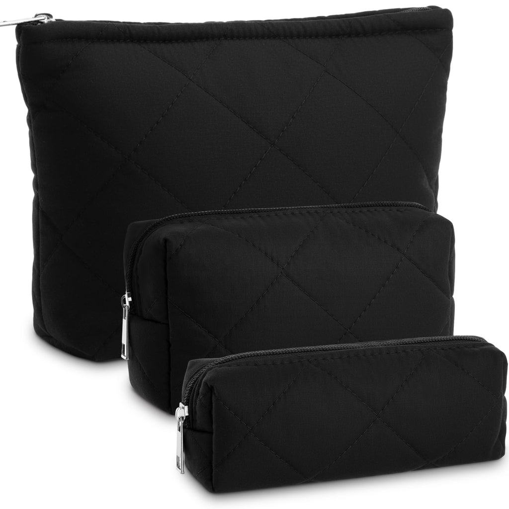 Paterr 3 Pcs Quilted Makeup Bag Set Back to School Favor Small Bridesmaid Cosmetic Bag Aesthetic Travel Pouch Cute Purse Pencil Case Makeup Storage Organizer for Women Birthday Gift(Cotton,Black)