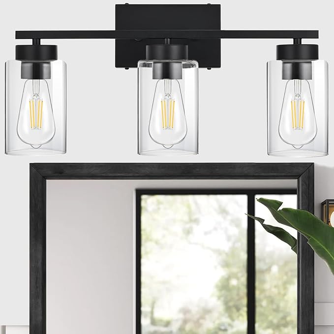 A1A9 3-Light Bathroom Vanity Light, Modern Black Wall Lights with Clear Glass Shades, Bathroom Wall Sconce Lamp for Mirror Living Room Bedroom Hallway