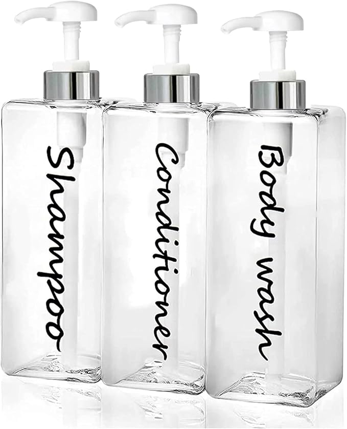 21oz Shampoo Dispenser - Refillable Shampoo and Conditioner Bottles (Clear, Set of 3) - Modern Shampoo Bottles for Shower Soap - Empty Shampoo Conditioner Body Wash Dispenser Set - for Hotel Bathroom
