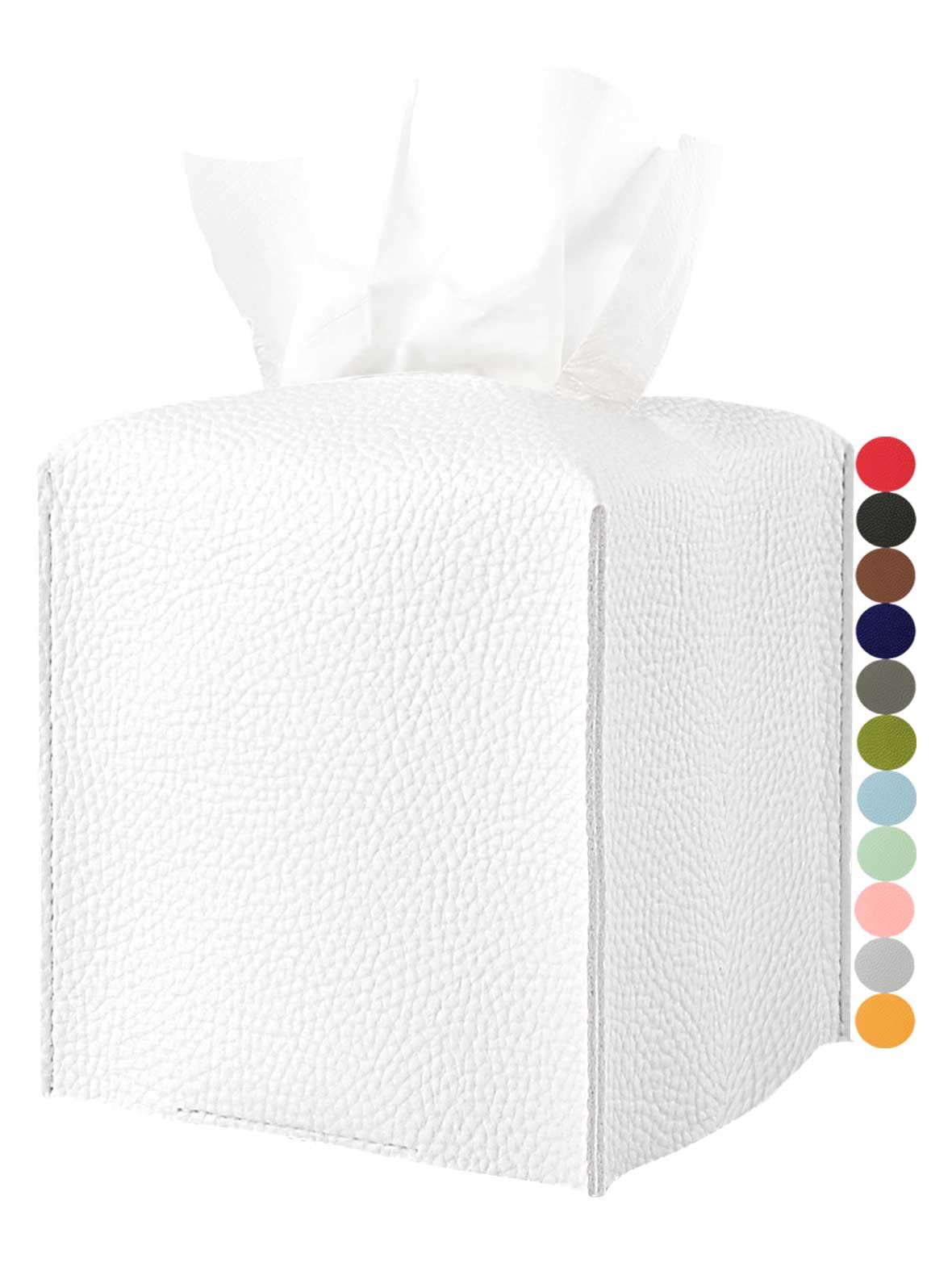 JESMINI Tissue Holder White Tissue Box Cover – Square Leather Tissue Cover Box with Bottom Belt, Decorative Tissue Box Holder for Modern Home Office Decor