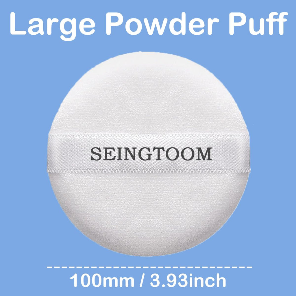 SEINGTOOM 3Pcs Large Powder Puff, 3.93 Inch Body Puff，Loose Soft Velour Body Powder Puff and Container White