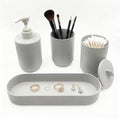 LGURT 4-Piece Light Gray Plastic Bathroom Organizer Set, with Lotion Soap Dispenser, Tumbler, Cotton Swab Cup & Vanity Tray (7.87" × 2.56") – Bathroom Decor for Apartment, Dorm & Guest Bath