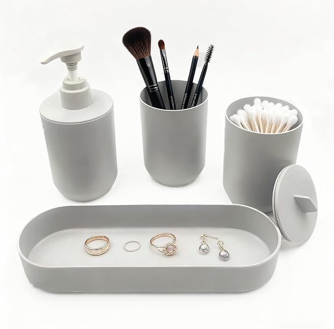 LGURT 4-Piece Light Gray Plastic Bathroom Organizer Set, with Lotion Soap Dispenser, Tumbler, Cotton Swab Cup & Vanity Tray (7.87" × 2.56") – Bathroom Decor for Apartment, Dorm & Guest Bath