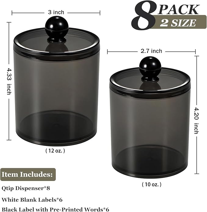 SheeChung 8 Pack Qtip Holder, Cotton Round Holder with Lids & 12 Labels - (4) 10oz & (4) 12oz Plastic Canisters Bathroom Storage Set for Cotton Swabs, Balls, Pads, Floss Picks ( Black)
