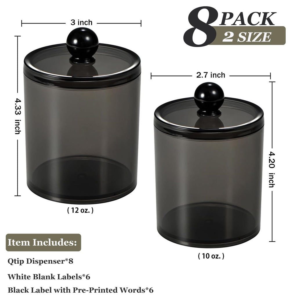 SheeChung 8 Pack Black Qtip Holder,Acrylic Apothecary Jars with Lids