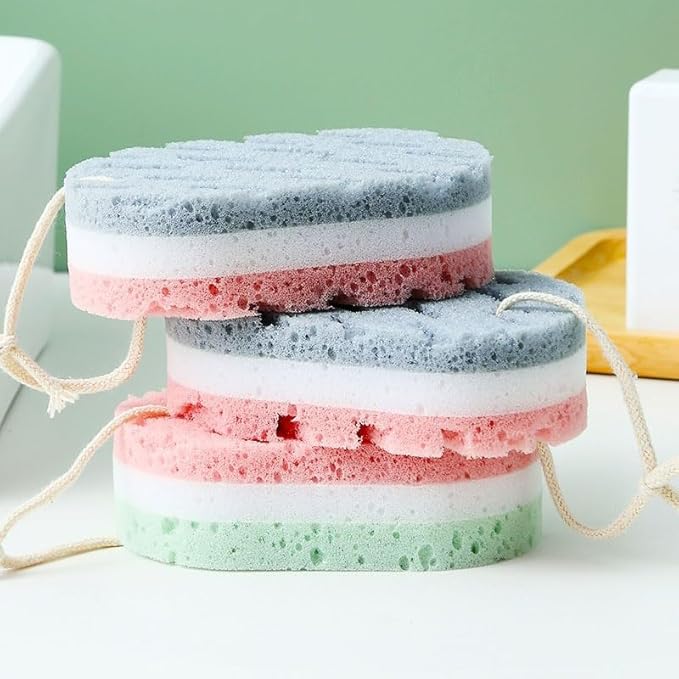 4pcs Three Layer exfoliating Bath Sponge with Hanging Rope and Rich Foam