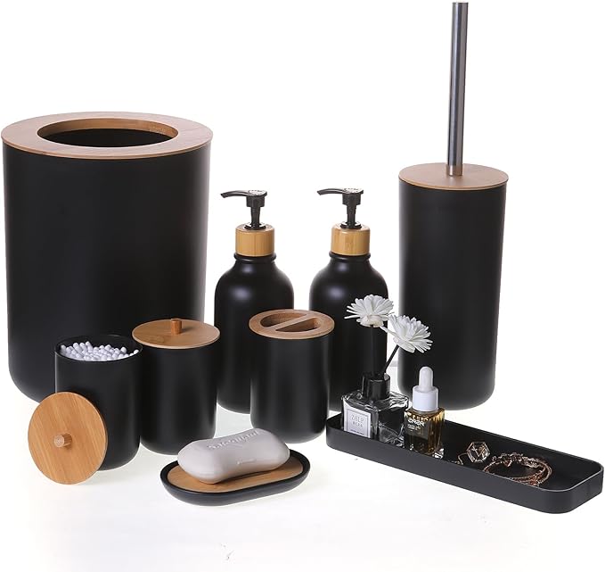 FNGJMJG Matte Black Bathroom Accessories Set 9PCS,Bamboo Bathroom Accessories Sets Complete with Trash Can,Soap Dispenser and Toothbrush Holder Set,Toilet Brush,Qtip Holder,Vanity Tray,Soap Dish