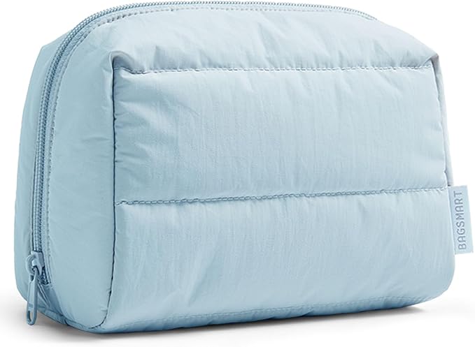 BAGSMART Puffy Makeup Bag, Wide Opening Cosmetic Organizer, Soft Water-Resistant Travel Toiletry Pouch for Women for Purse, Compact & Spacious