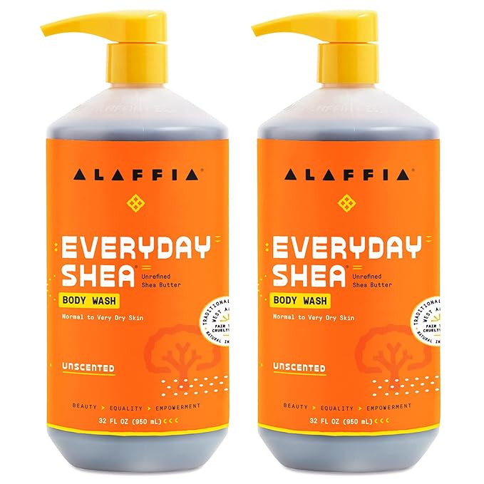 Alaffia Body Wash, Everyday Shea, Unscented 2-Pack – Gentle Skin Cleanser, Shower Gel for Normal to Very Dry Skin, 32 Oz Ea